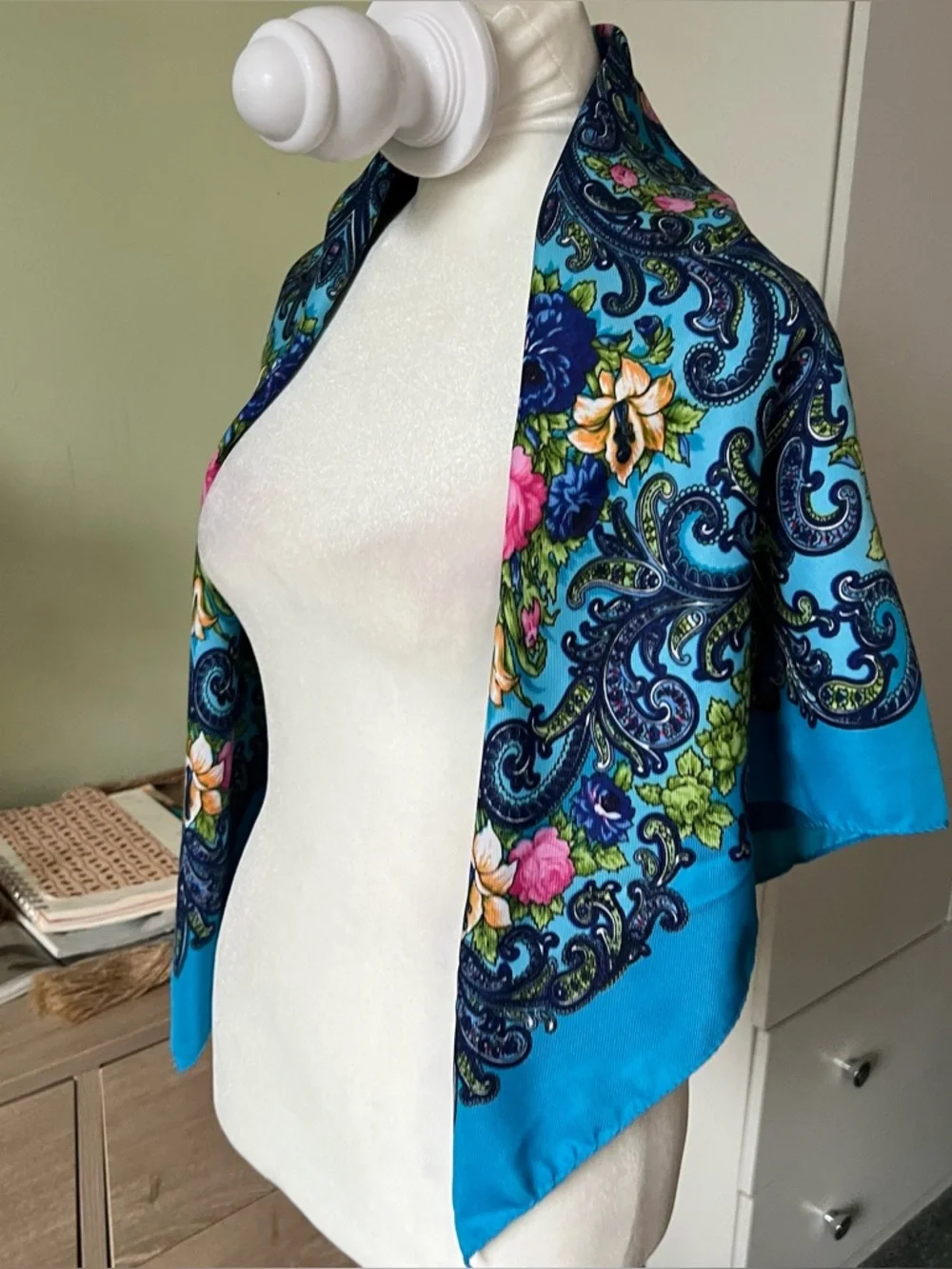 Turquoise Blue Colorful Floral Paisley Multi-Use Scarf Head-Covering Accessory
